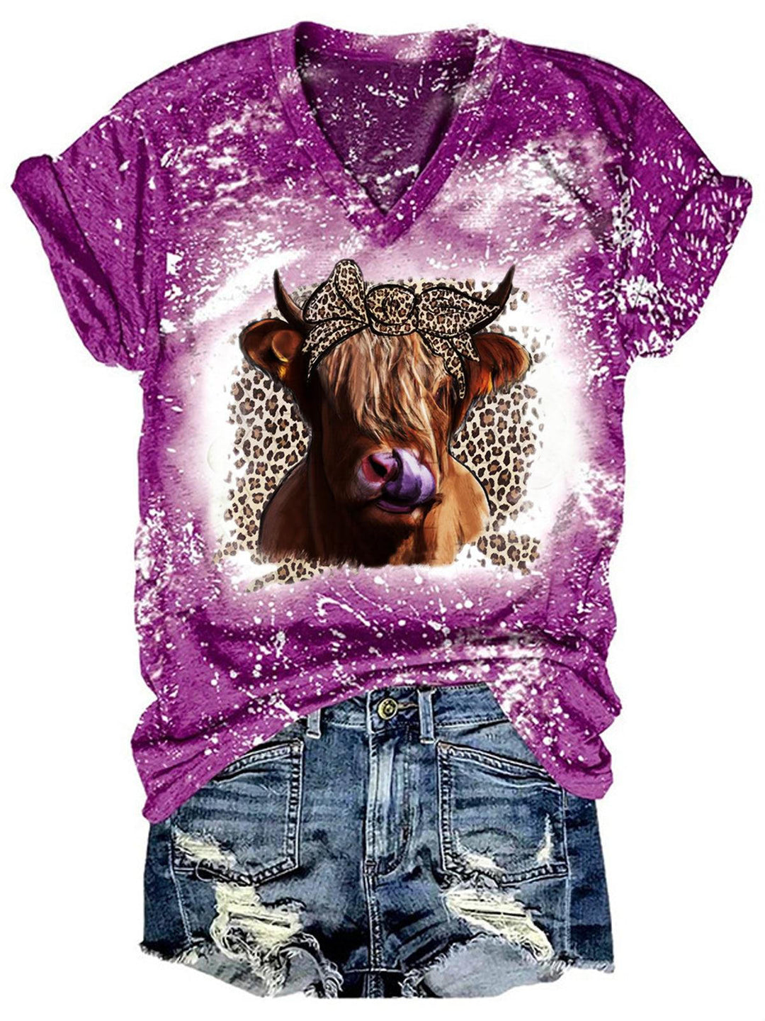 Women's Highland Cow V-Neck Tie Dye Tee