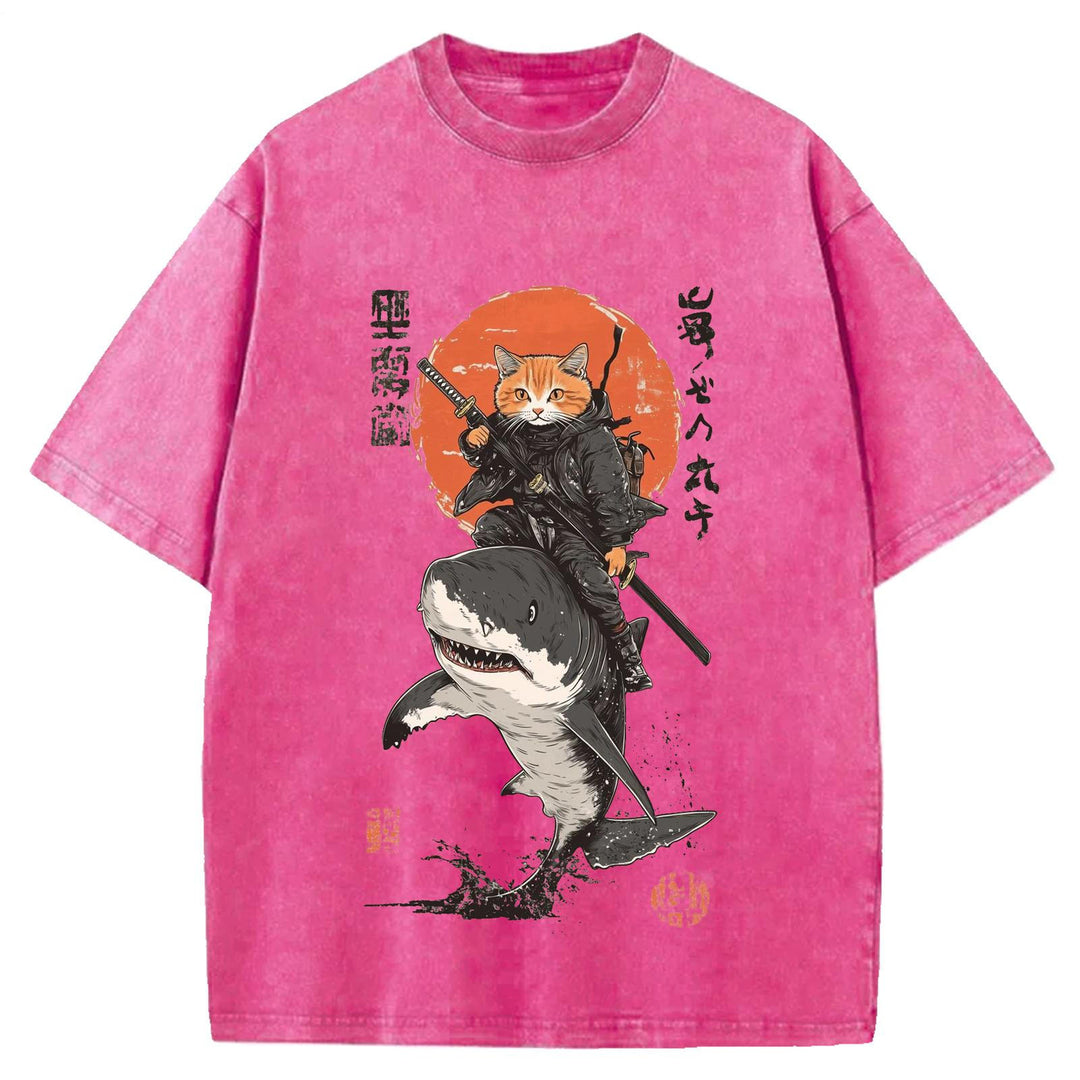 Japanese Cat Warrior Print Retro T-shirt