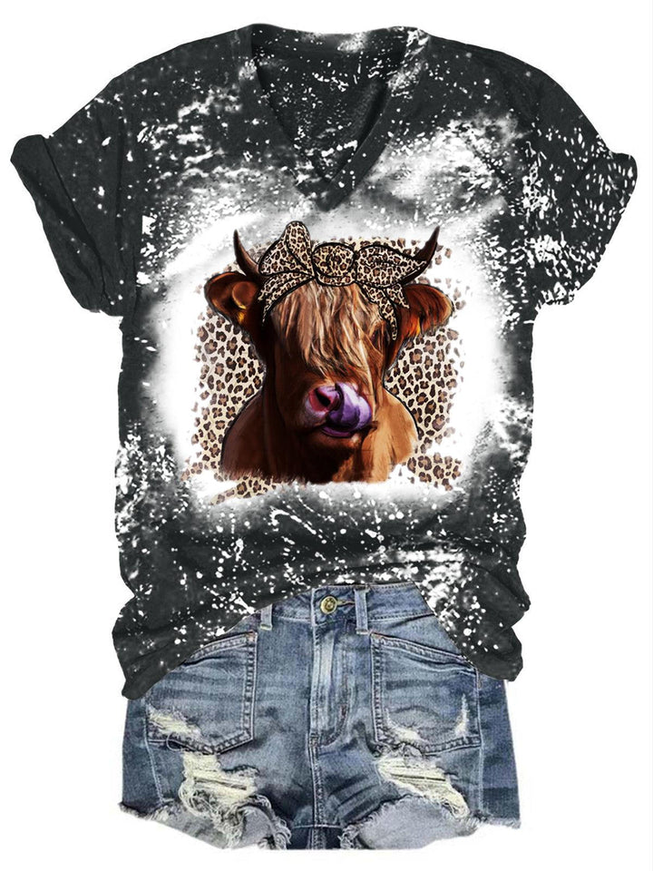 Women's Highland Cow V-Neck Tie Dye Tee