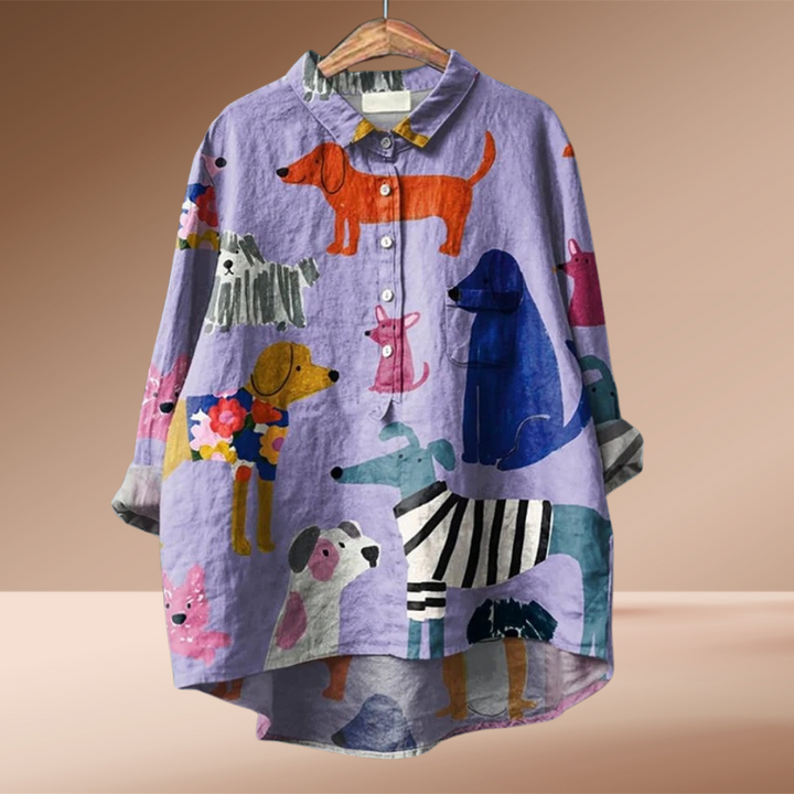 Cute Puppy Print Puff Wrinkle Casual Shirt