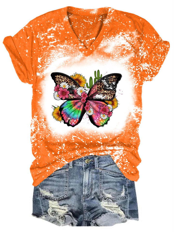 Women's V Neck Butterfly Print Top