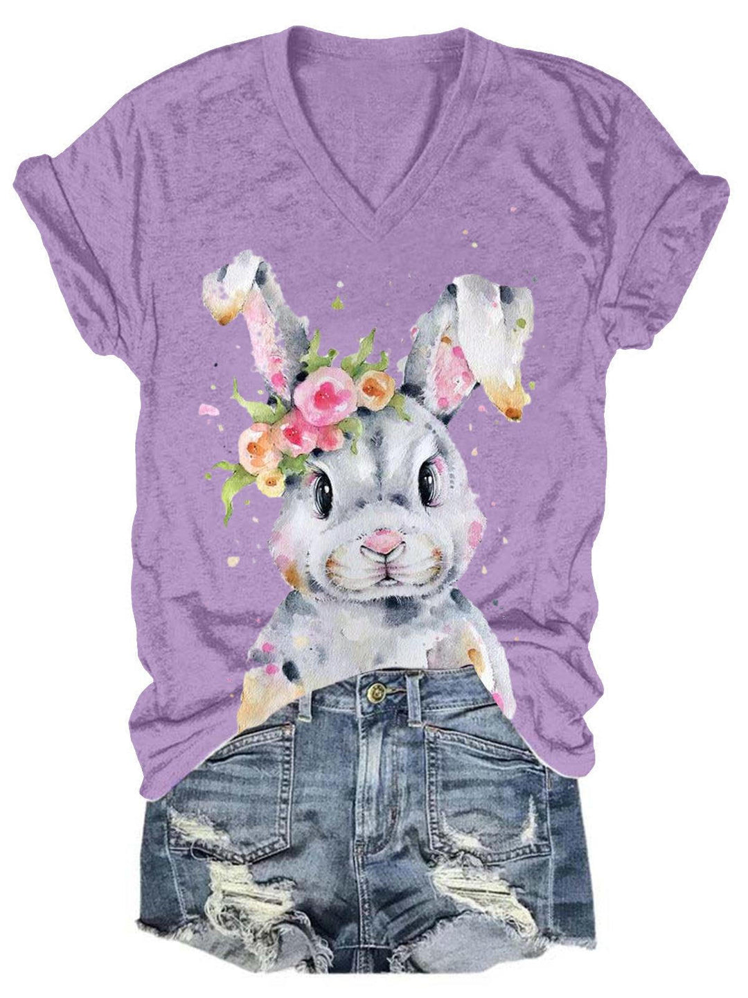 Women's Easter Bunny Print Solid T-Shirt