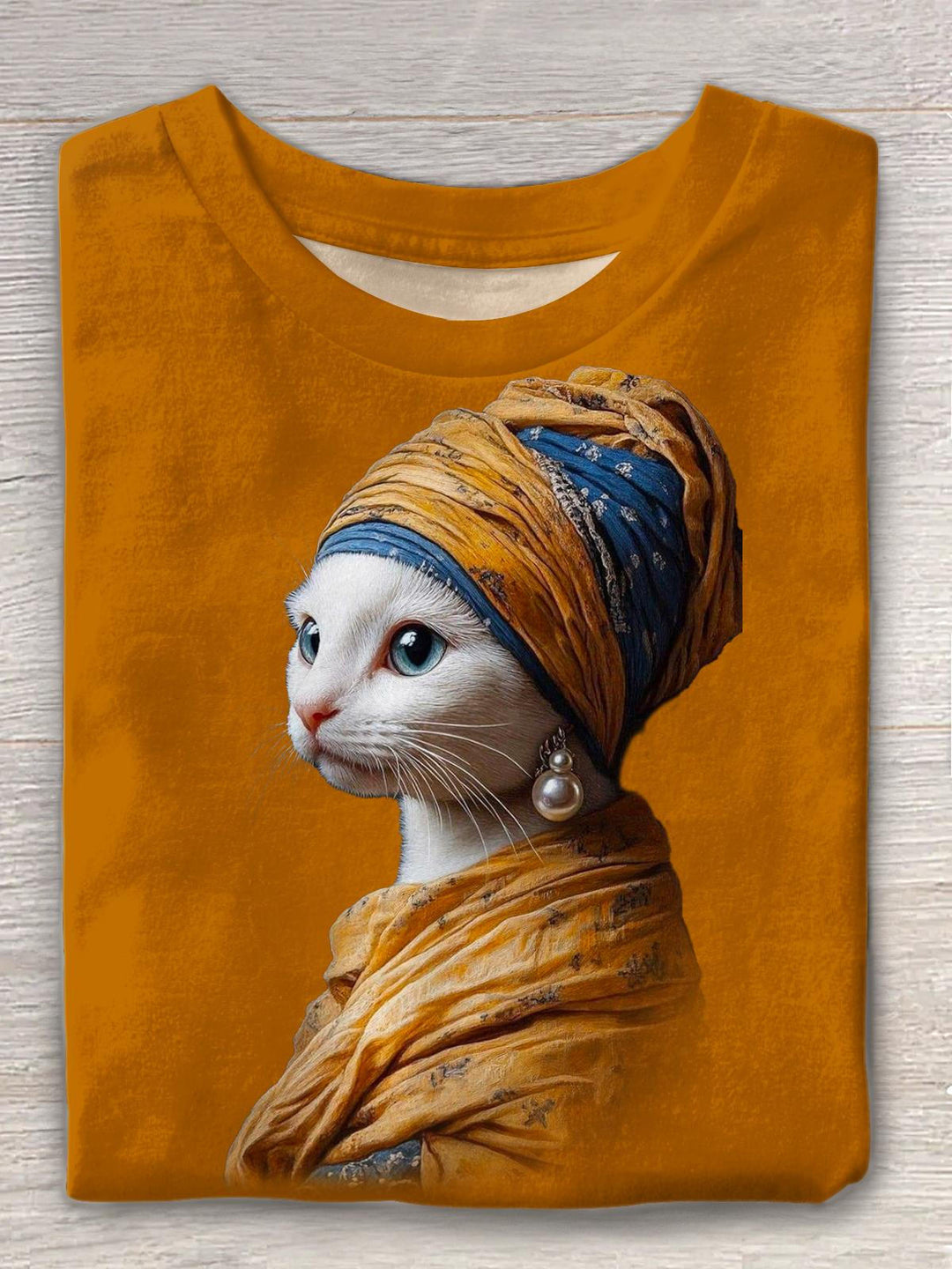 Retro kitten Print With Pearls Crew Neck T-shirt