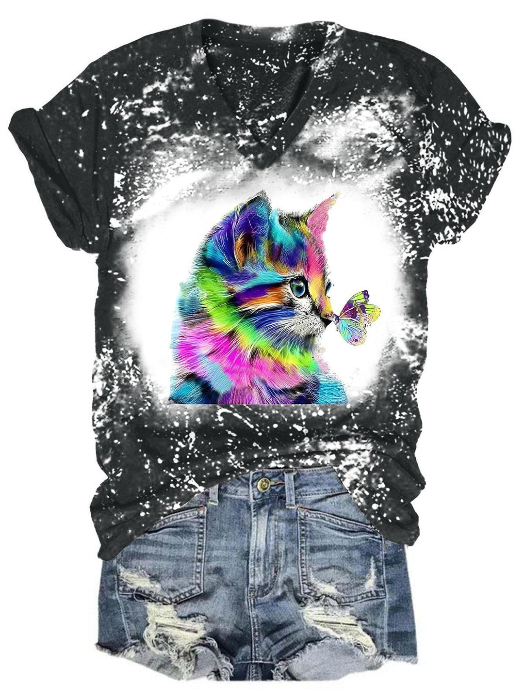 Women's Cat Butterfly Print Tie-Dye V-Neck Casual Top