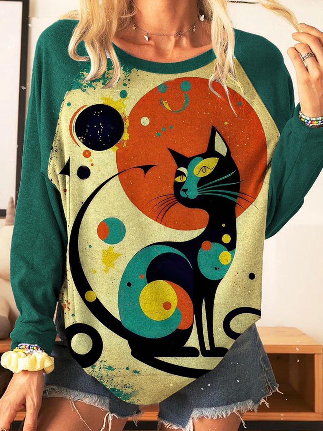 Geometric Cat Print Casual Top