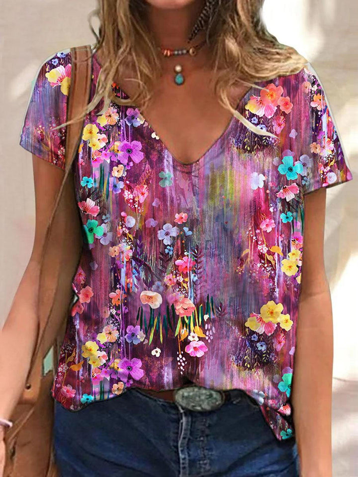 Women's Floral Print V-Neck Short Sleeve T-Shirt