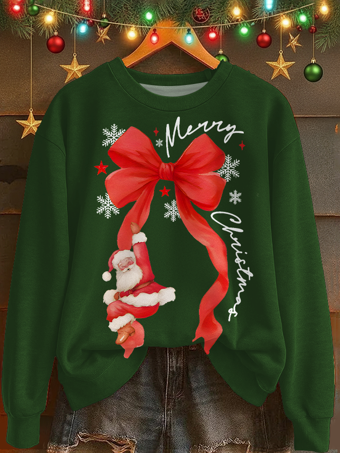 Coquette Merry Christmas With Santa Printed Long Sleeve Casual Top