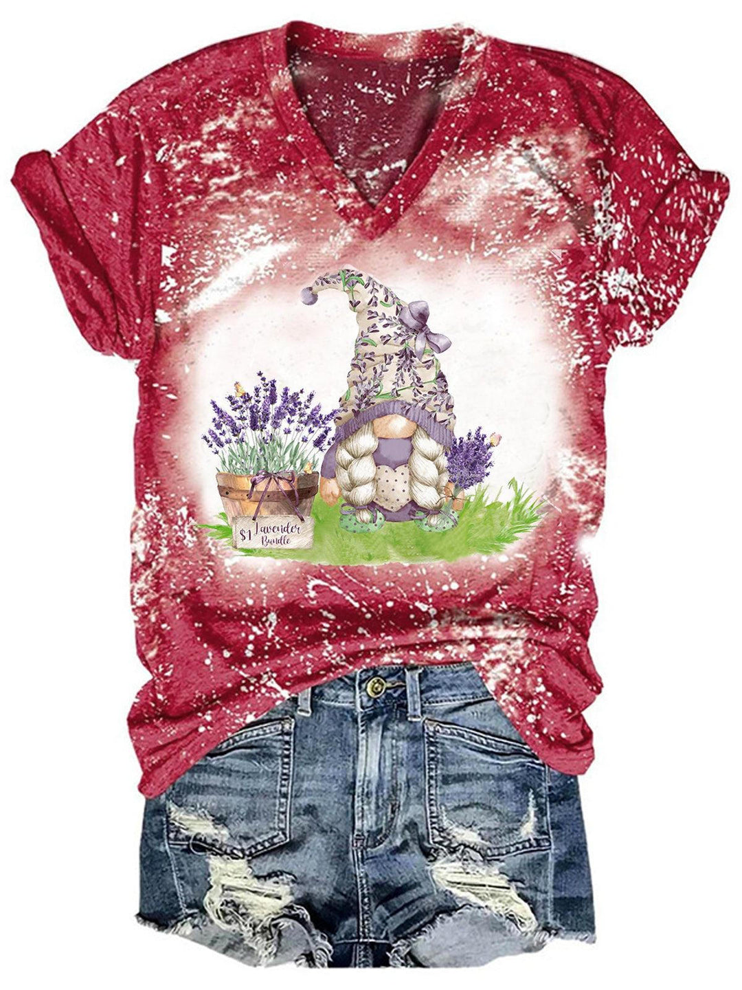 Women's V Neck Gnome Lavender Print Tie Dye T-Shirt