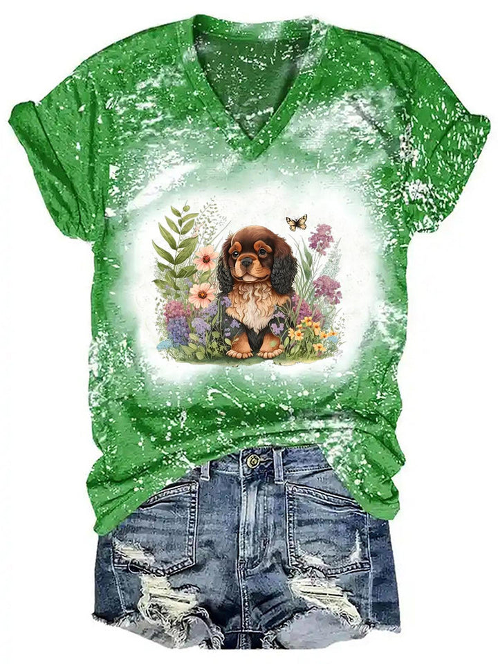 Women's Floral Dog Print Tie Dye Top