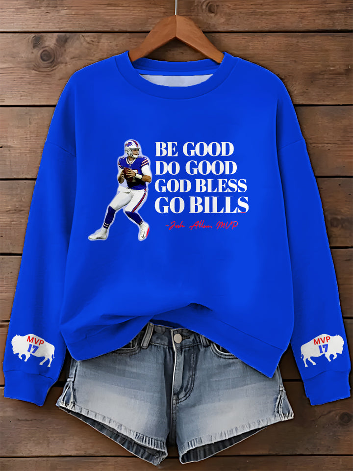 Sei gut, tu Gutes, Gott segne Go Bills Josh Allen MVP Bedrucktes, langärmeliges Freizeitoberteil 
