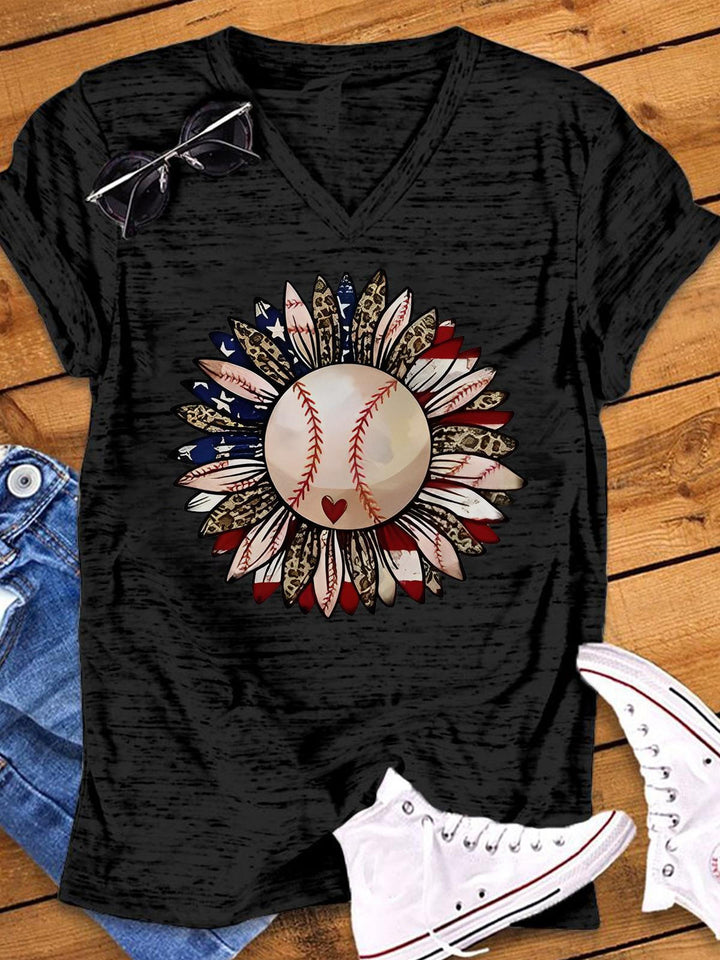 Leopard Baseball Sunflower V-Neck T-Shirt