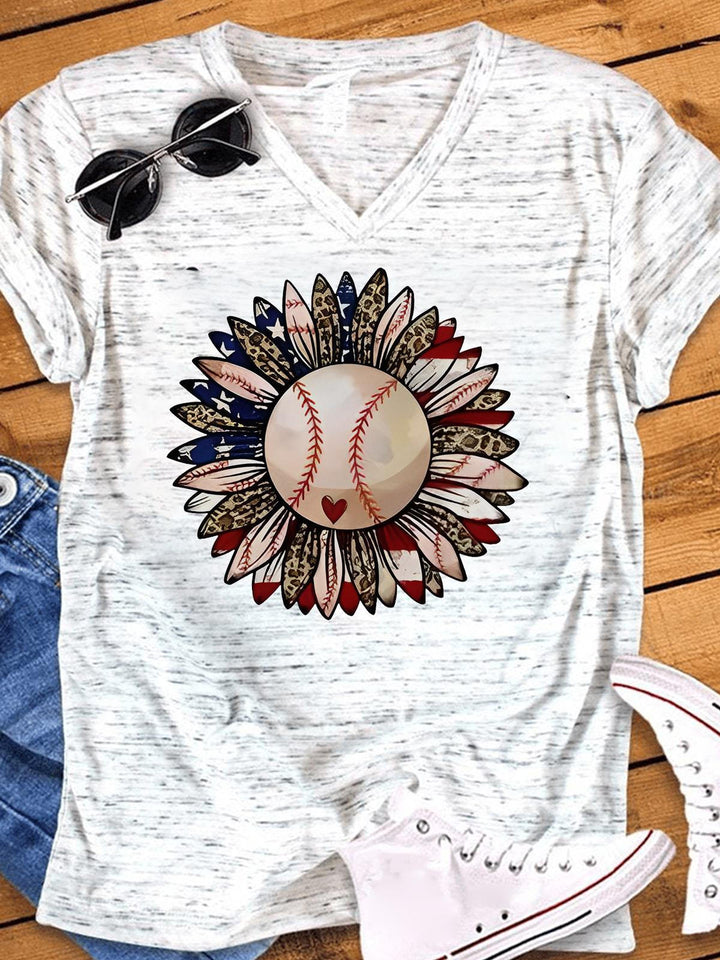 Leopard Baseball Sunflower V-Neck T-Shirt