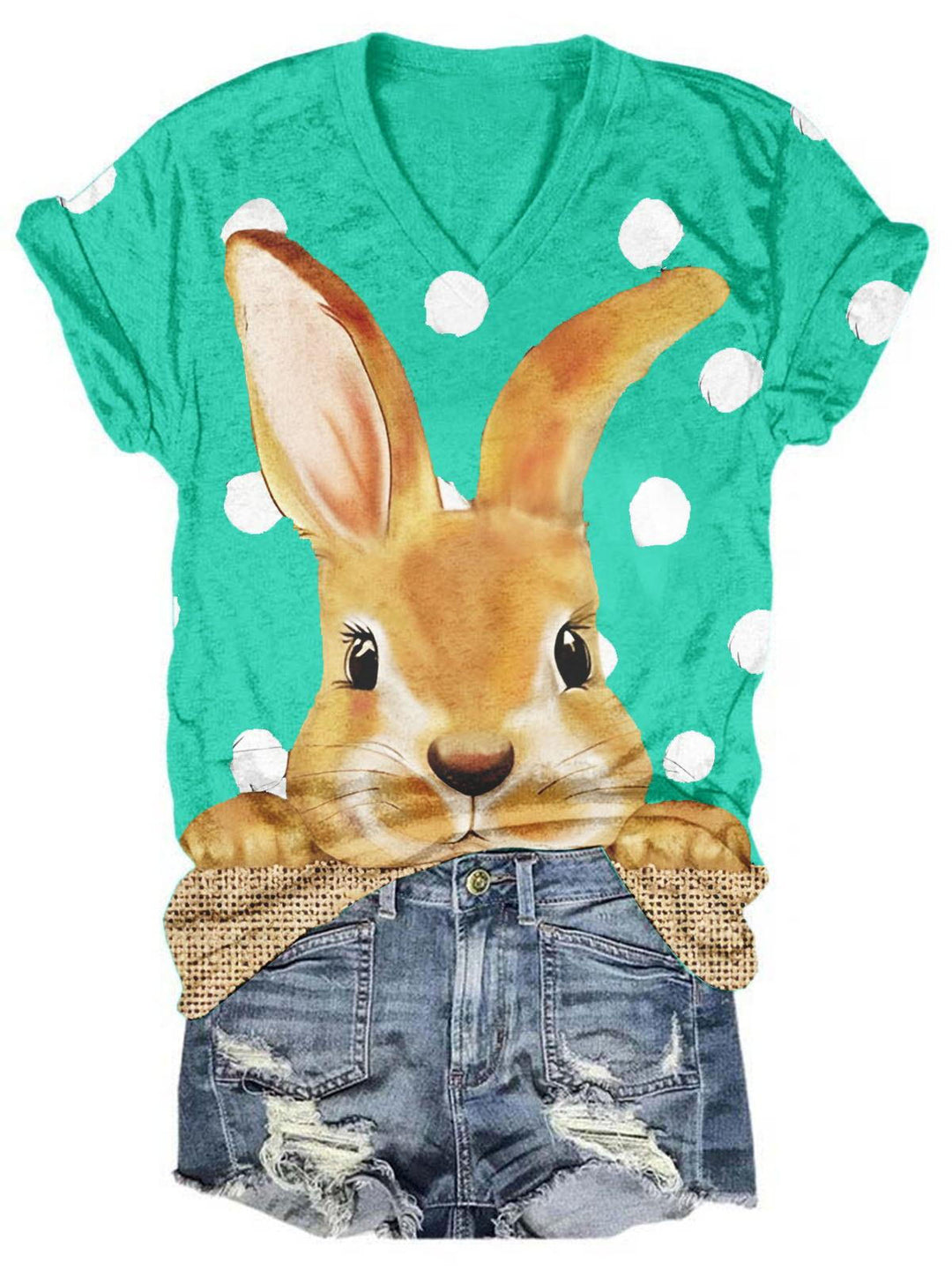 Women's V Neck Bunny Print Easter T-Shirt