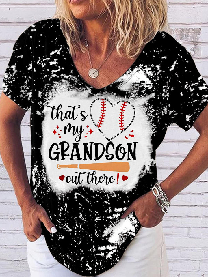 That's My Grandson Out There Baseball Print V Neck T-shirt