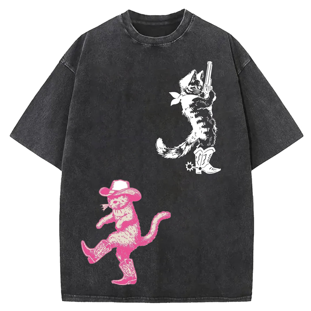 Western Cowboy Cat Retro T-shirt