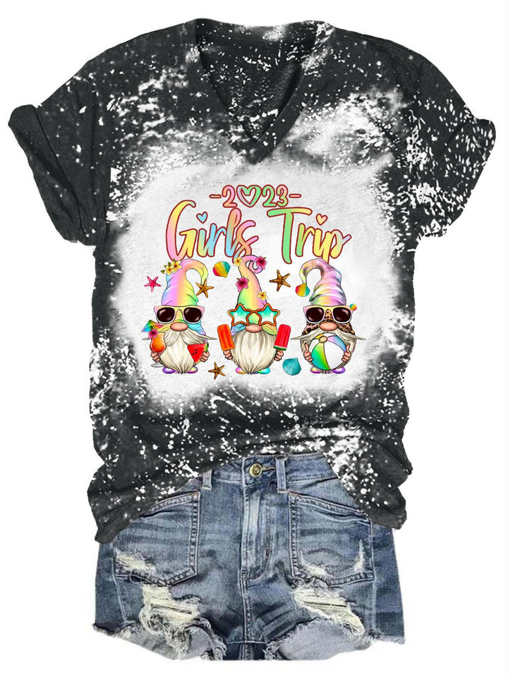 Women's Girls Trip 2023 Gnome Print Tie Dye Top