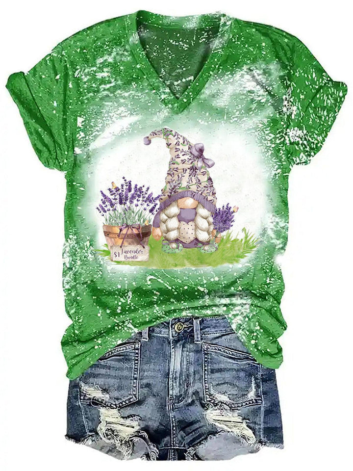 Women's V Neck Gnome Lavender Print Tie Dye T-Shirt