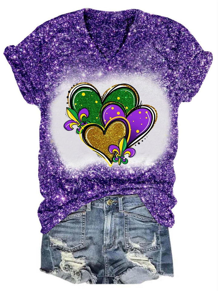 Women's Glitter Mardi Gras Heart Print T-Shirt