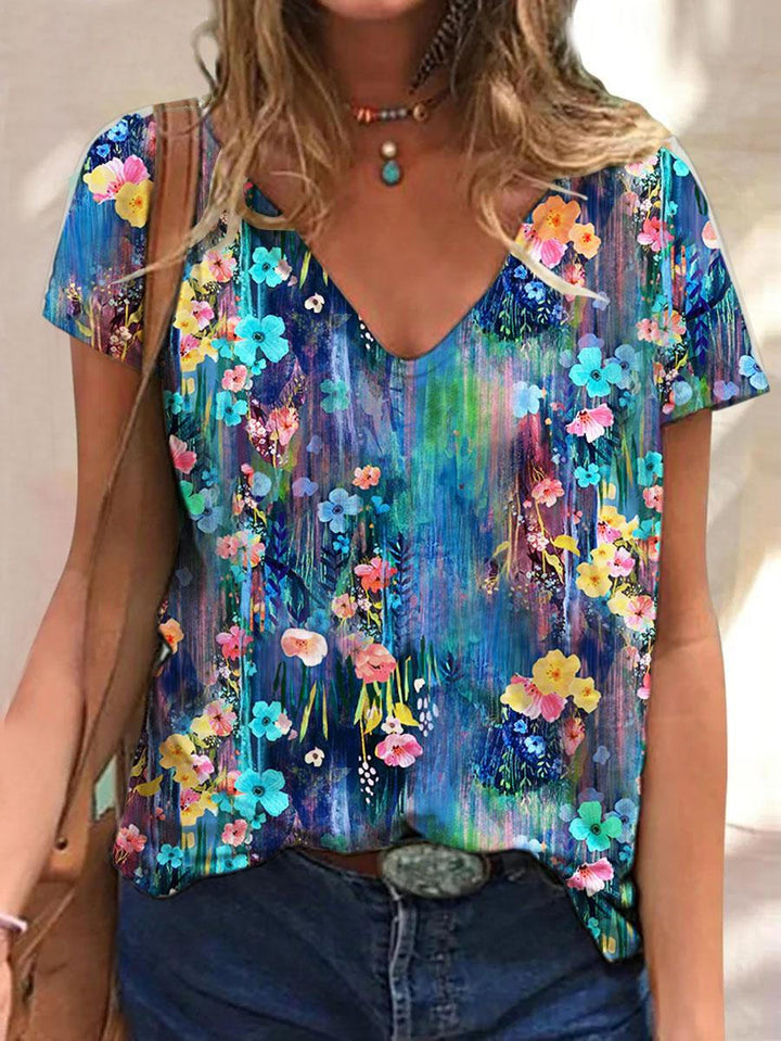 Women's Floral Print V-Neck Short Sleeve T-Shirt