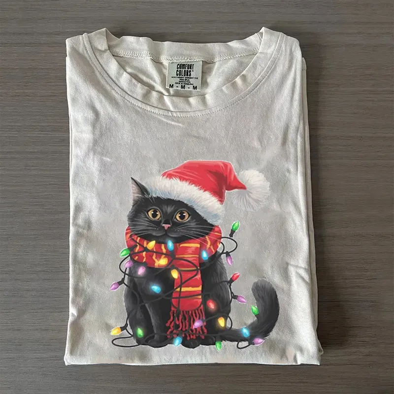 Lighting Cat Christmas Crew Neck T-shirts