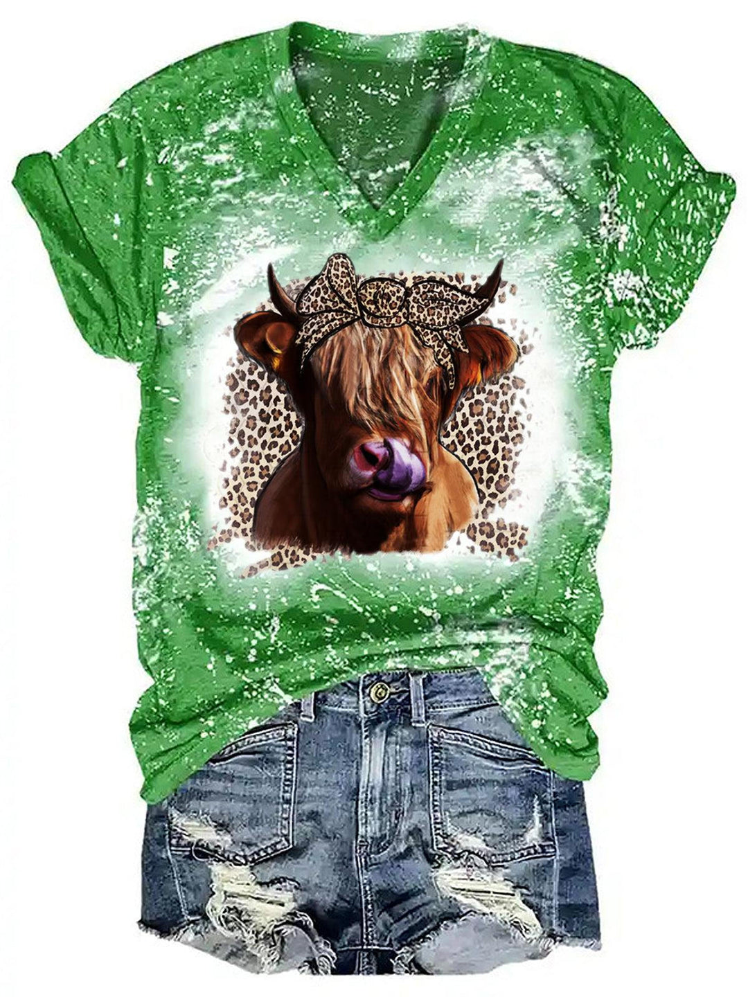 Women's Highland Cow V-Neck Tie Dye Tee