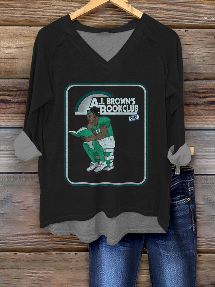 AJ's Book Club Football Print V-Neck Long Sleeve Top