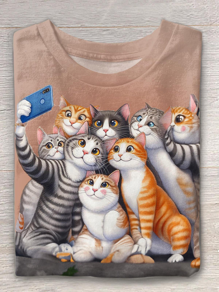 Retro Cute Selfie Kitten Print Crew Neck T-shirt