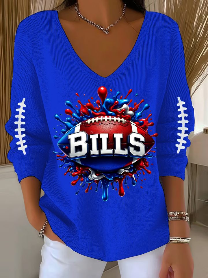 High School Bills Football Casual V Neck Pullover Sweater
