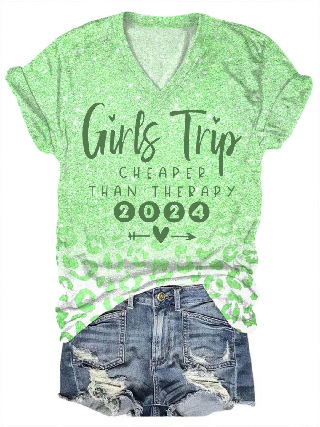 Girls Trip Cheaper Than Therapy 2024 Leopard Glitter Print V-Neck Top