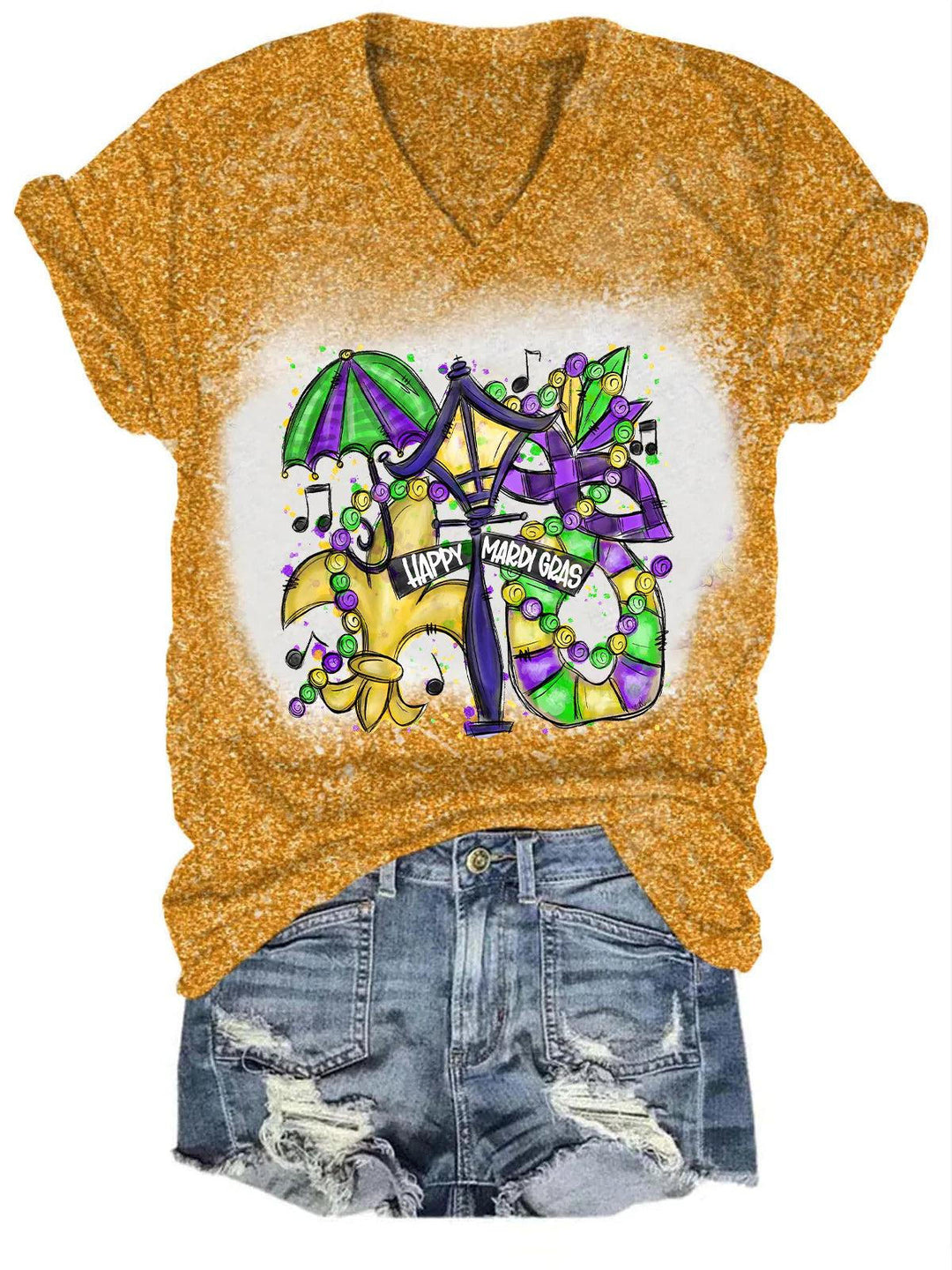 Happy Mardi Gras Glitter Casual Print V-Neck Top