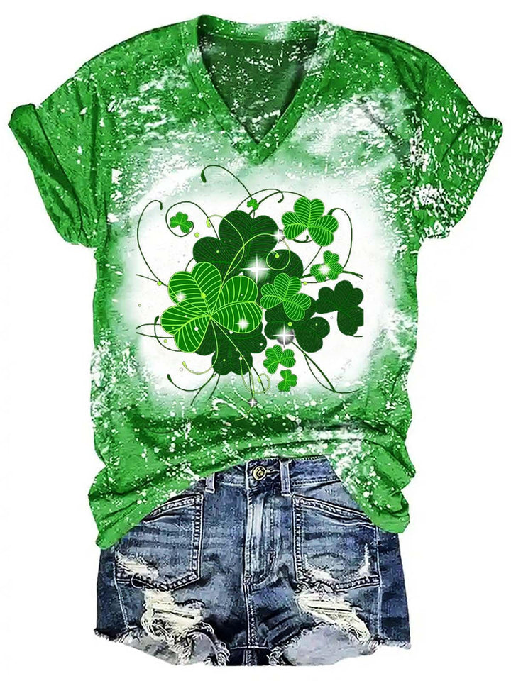 Glitter Clover Print Tie Dye Casual T-Shirt