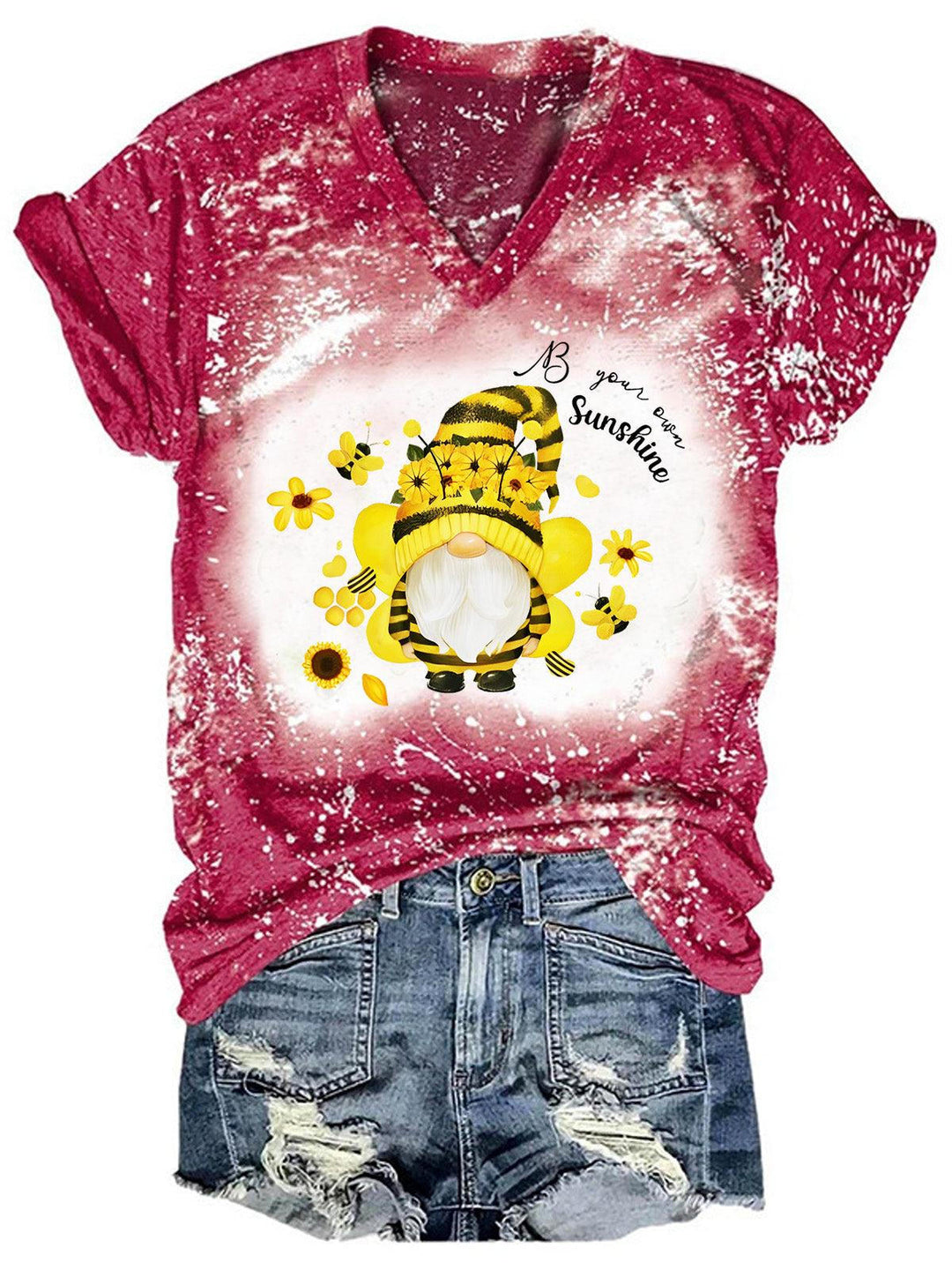 Women's Gnome Bee Print V-Neck T-Shirt