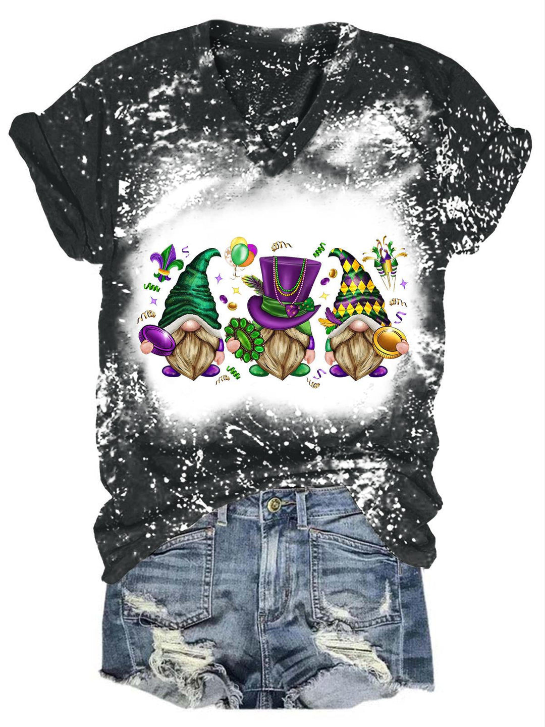 Mardi Gras Gnome Print Tie Dye Top