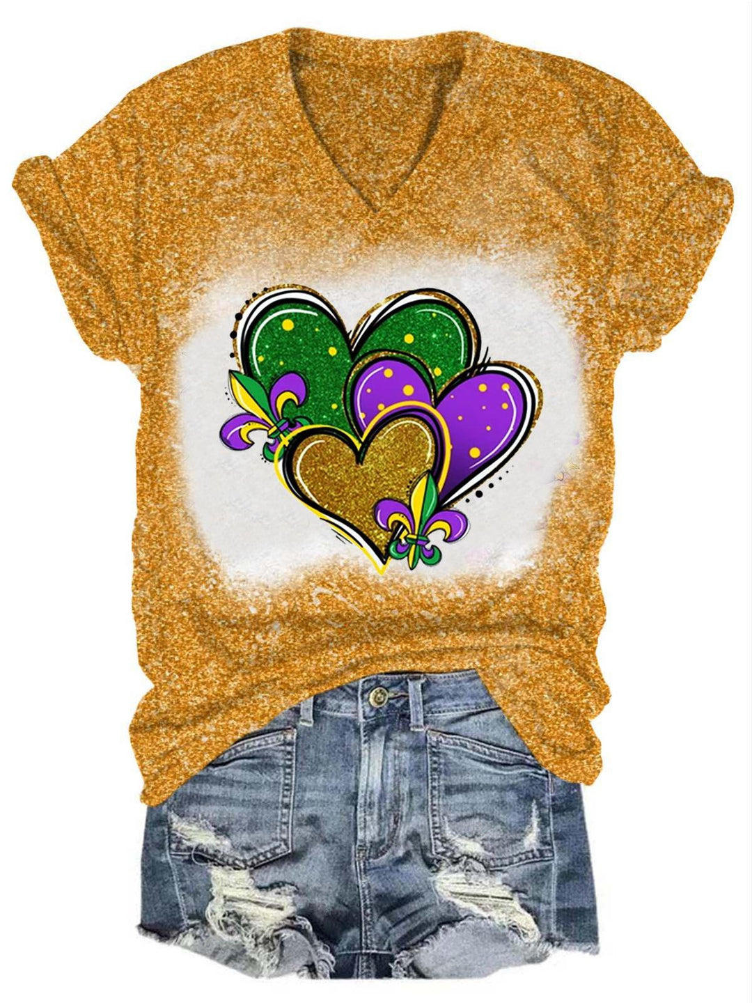 Women's Glitter Mardi Gras Heart Print T-Shirt