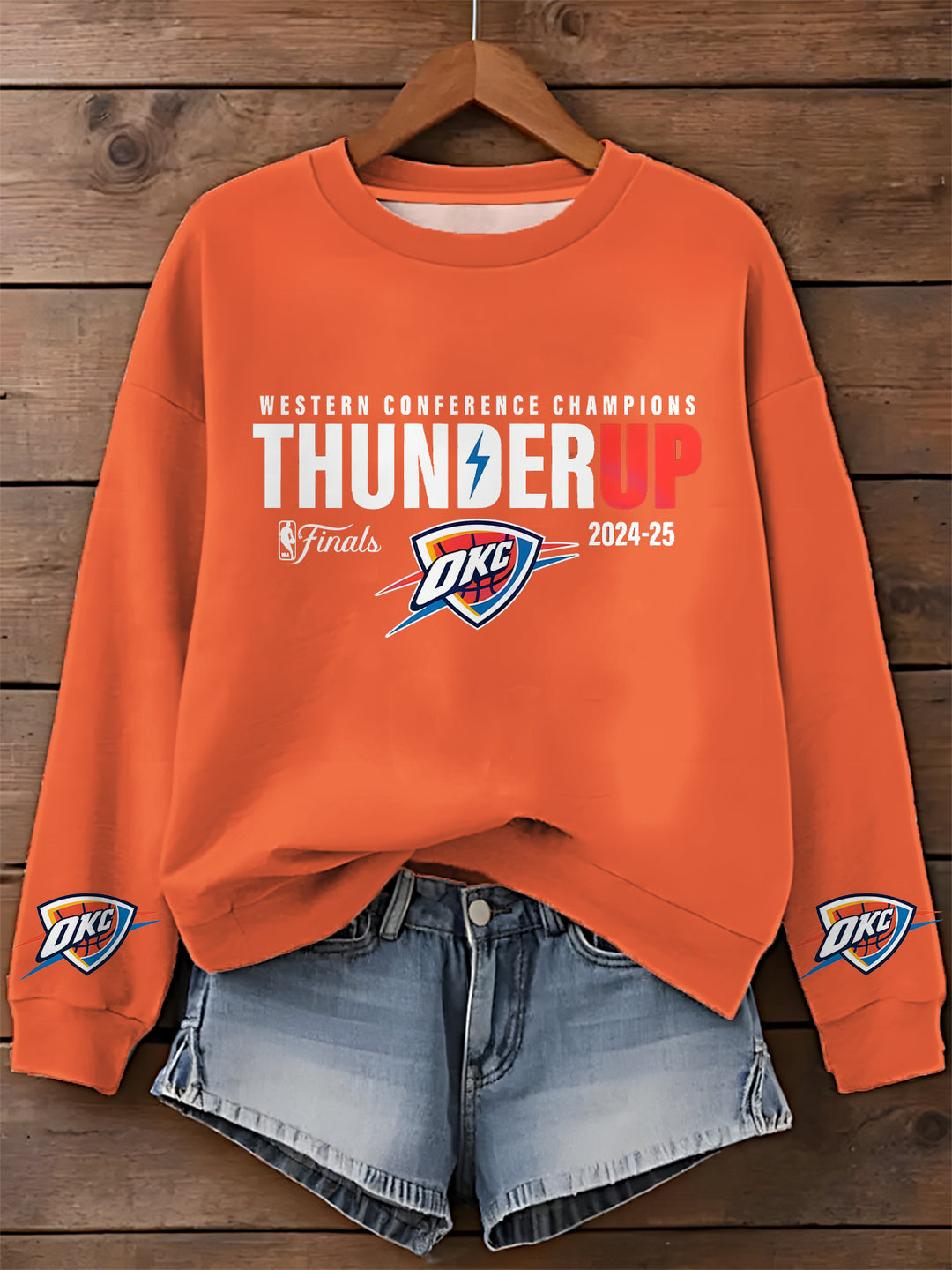 OKC Basketball World Champs Print Long Sleeve Casual Top