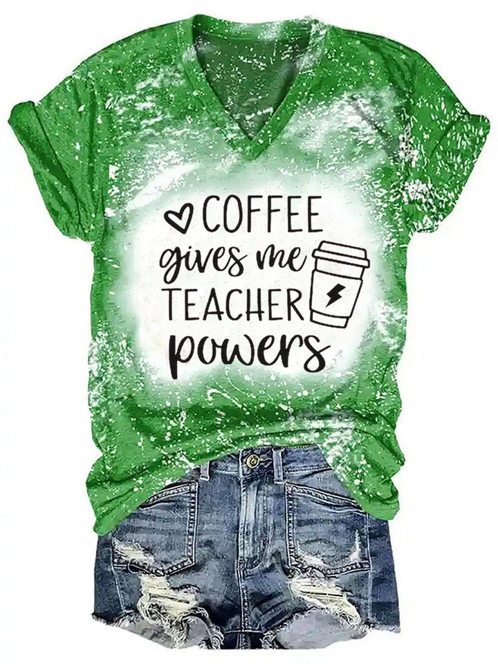 Coffee Give Me Teacher Powers Print Tie-Dye Short-Sleeve Top