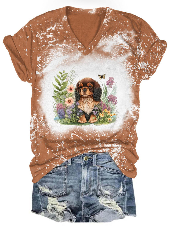 Women's Floral Dog Print Tie Dye Top