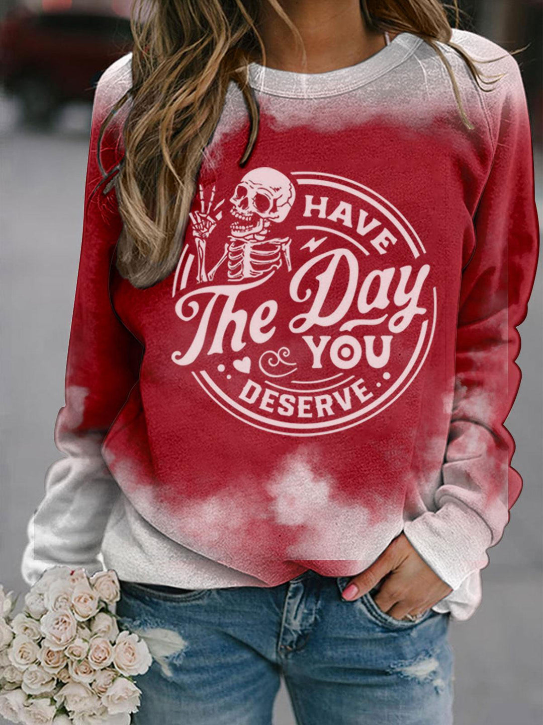 SKULL HAVE THE DAY YOU DESERVE Printed Crew Neck Top