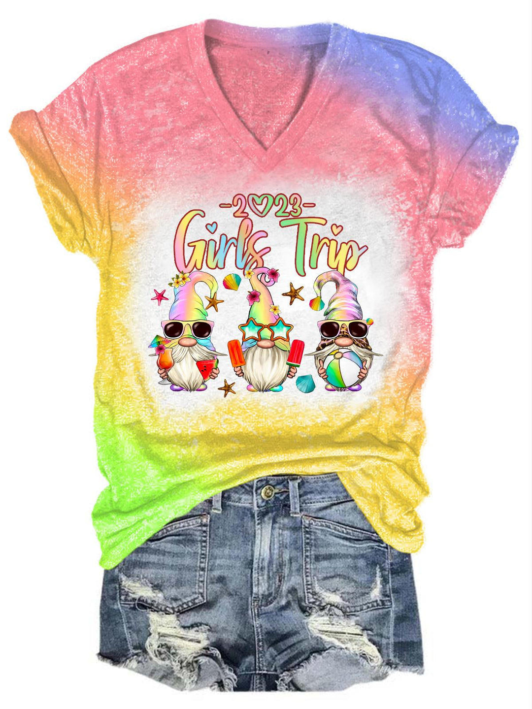 Women's Girls Trip 2023 Gnome Print Tie Dye Top