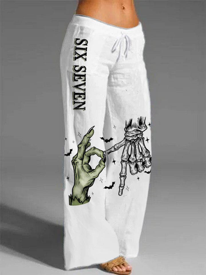 Women's Six Seven 6 7 Meme Funny Witch Skeleton Hands Printed Casual Pants