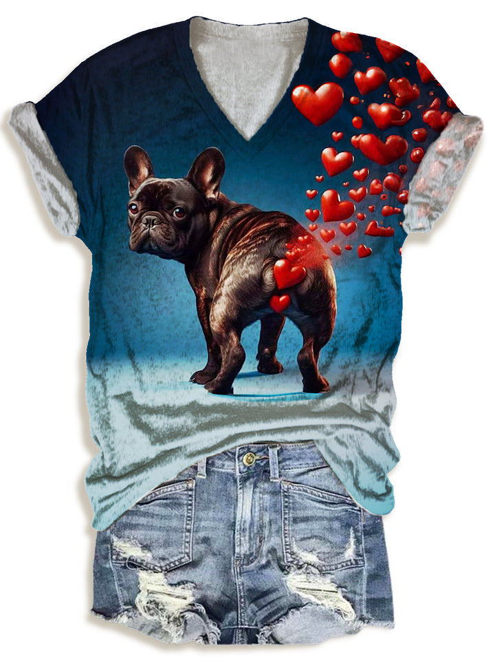 Women's Valentine's Day Heart Funny Farting Puppy Print V-Neck T-Shirt