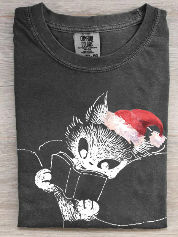 Christmas Reading Kitten Print Retro T-shirt