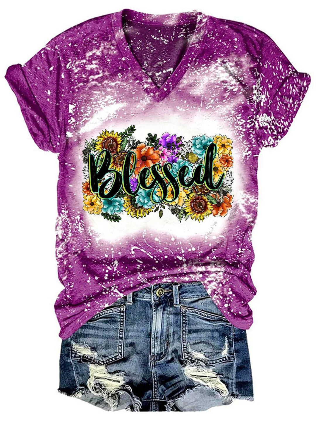 Women's Blessed Print Tie-Dye Casual T-Shirt