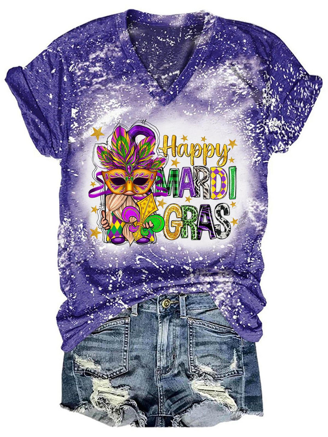 Women's Happy Mardi Gras Gnome Print Tie Dye Top