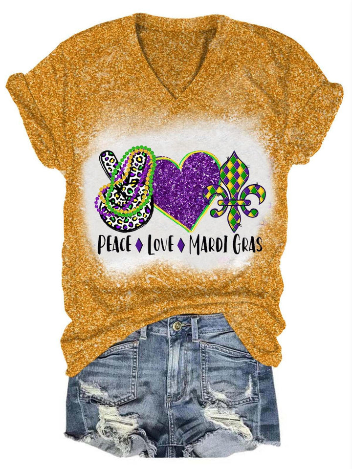 Glitter Peace Love Mardi Gras Print T-Shirt