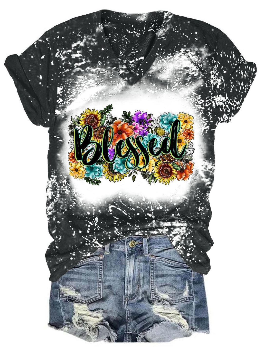 Women's Blessed Print Tie-Dye Casual T-Shirt