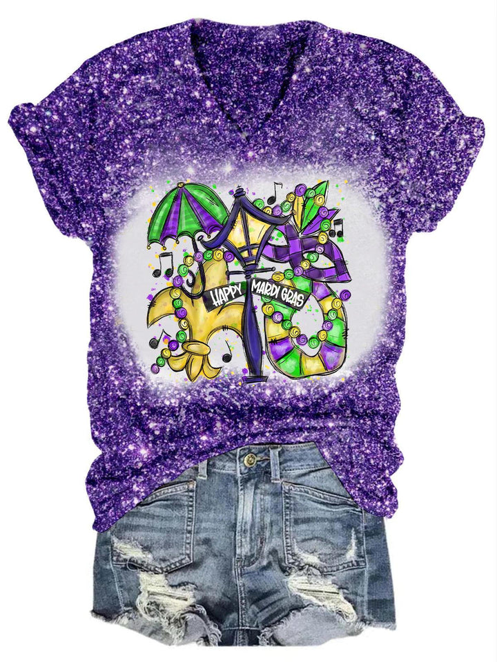 Happy Mardi Gras Glitter Casual Print V-Neck Top