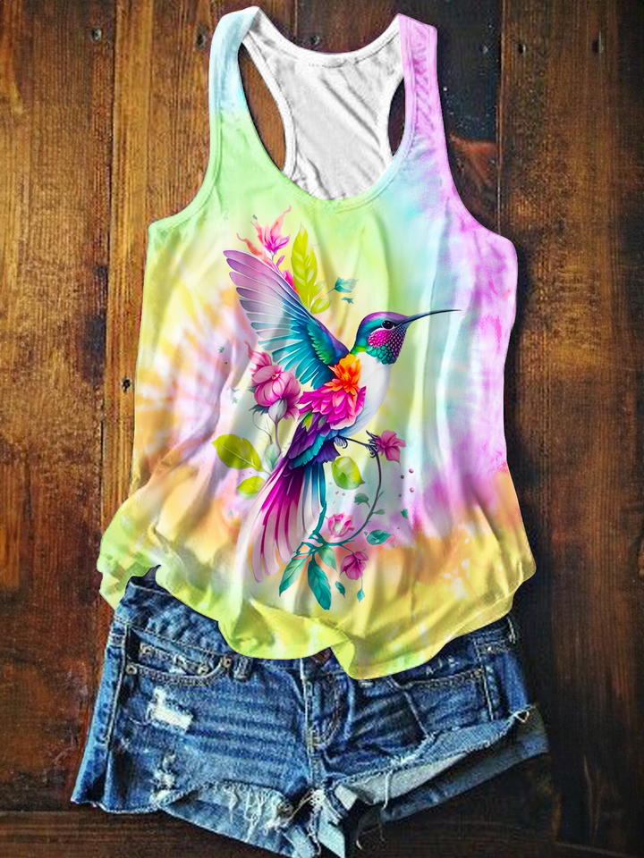 Tie-dye Hummingbird Flowers Printed Casual Tank Top