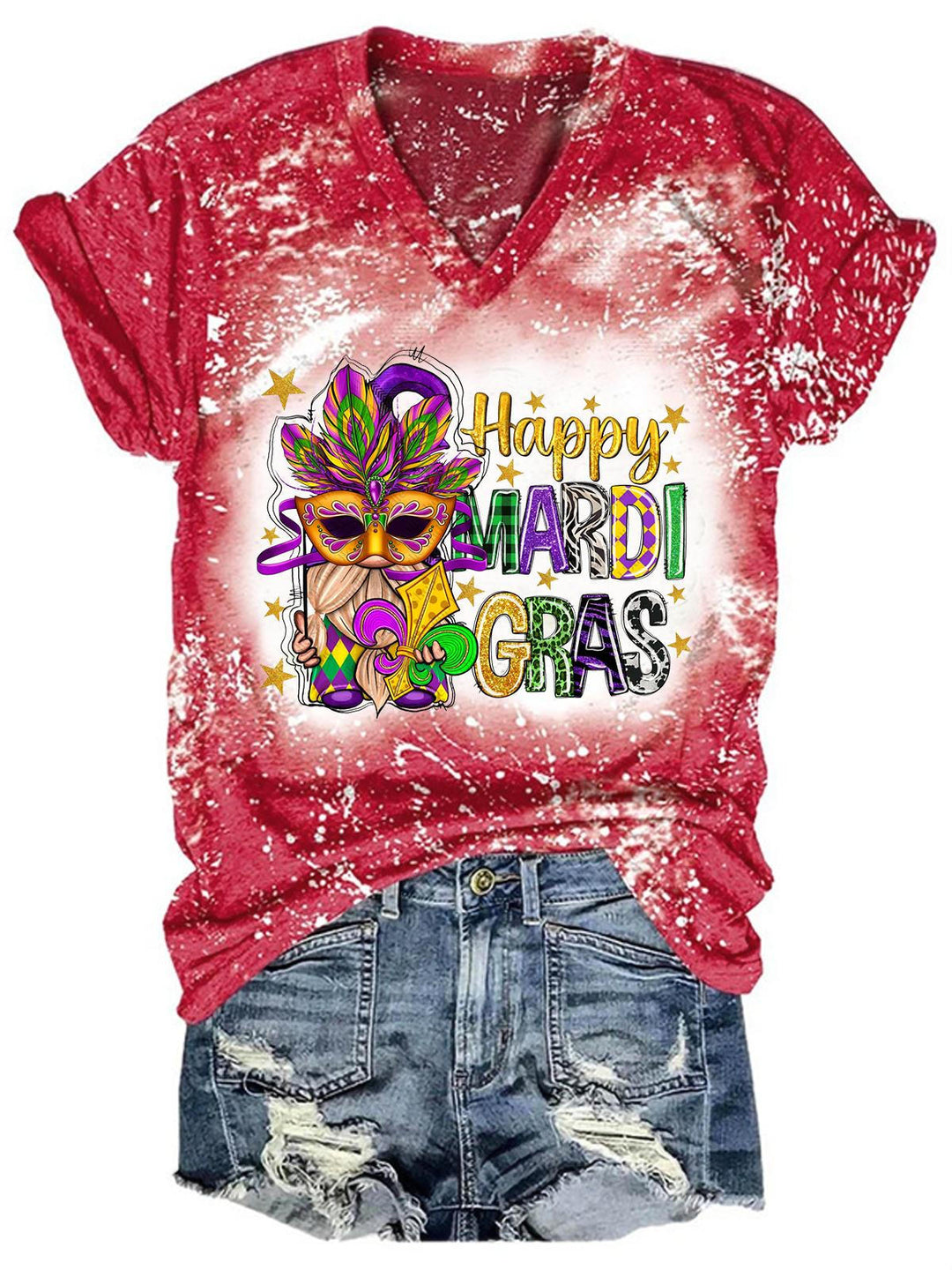 Women's Happy Mardi Gras Gnome Print Tie Dye Top