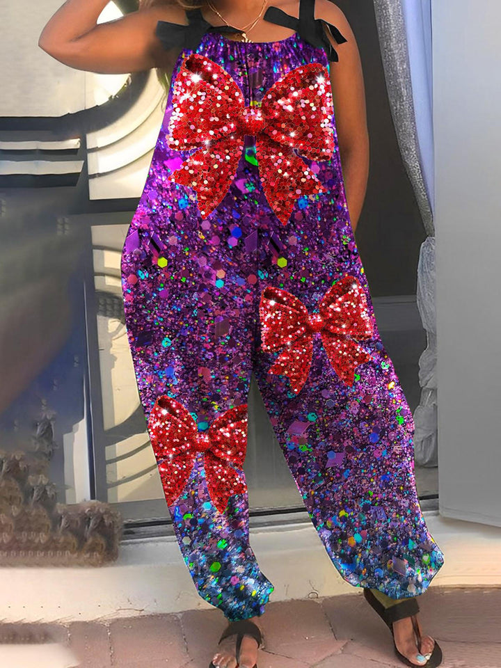 Women's Christmas Butterfly Machine Faux Sequin Printed Overalls